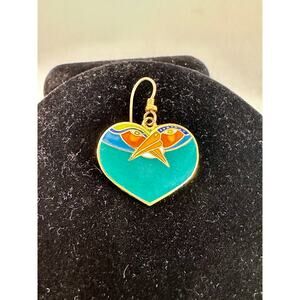 Single Laurel Burch Teal Birds Heart Dangle Earring 90s